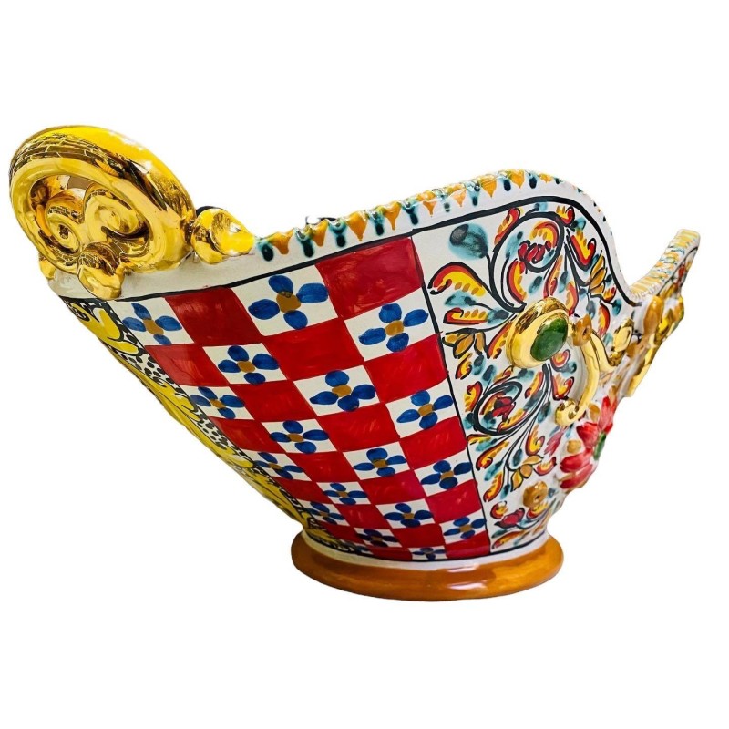SÉRIE LUXE OR Centre de table Caltagirone L 55 x h 30 cm environ. Décoration de charrette sicilienne et émail or pur 24 
