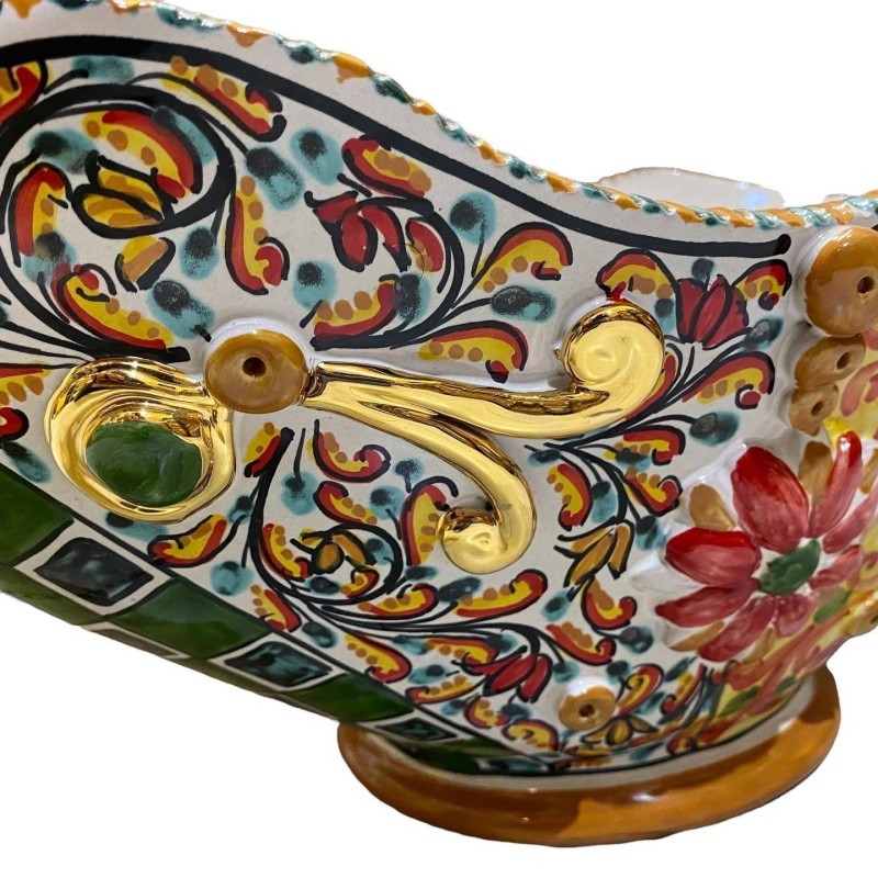 SÉRIE LUXE OR Centre de table Caltagirone L 55 x h 30 cm environ. Décoration de charrette sicilienne et émail or pur 24 