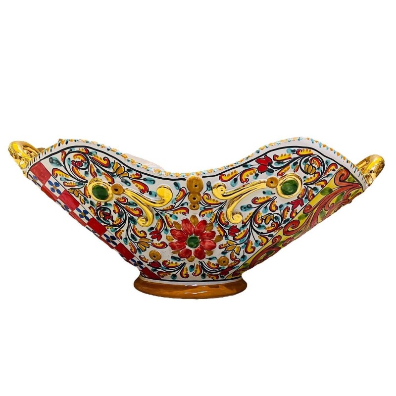SÉRIE LUXE OR Centre de table Caltagirone L 55 x h 30 cm environ. Décoration de charrette sicilienne et émail or pur 24 