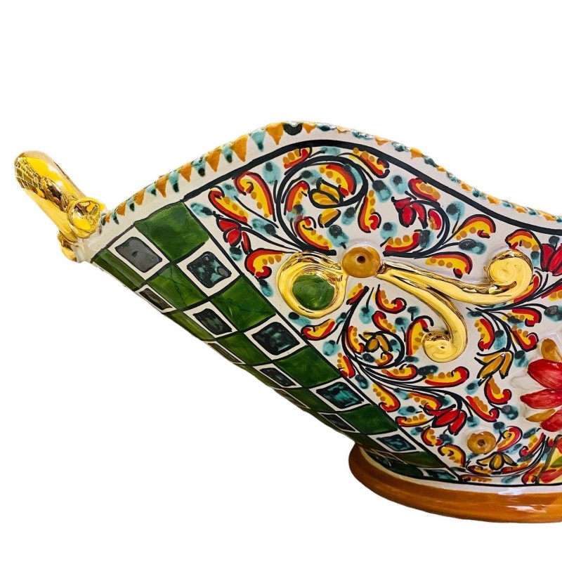 SERIE LUXURY GOLD Centrotavola Caltagirone L 55 x h 30 cm ca. decoro carretto siciliano e smalto Oro Zecchino 24k - 