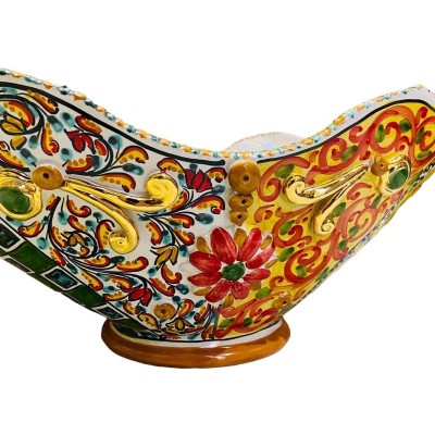 SÉRIE LUXE OR Centre de table Caltagirone L 55 x h 30 cm environ. Décoration de charrette sicilienne et émail or pur 24 