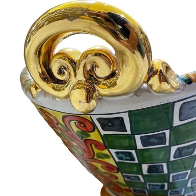 SÉRIE LUXE OR Centre de table Caltagirone L 55 x h 30 cm environ. Décoration de charrette sicilienne et émail or pur 24 