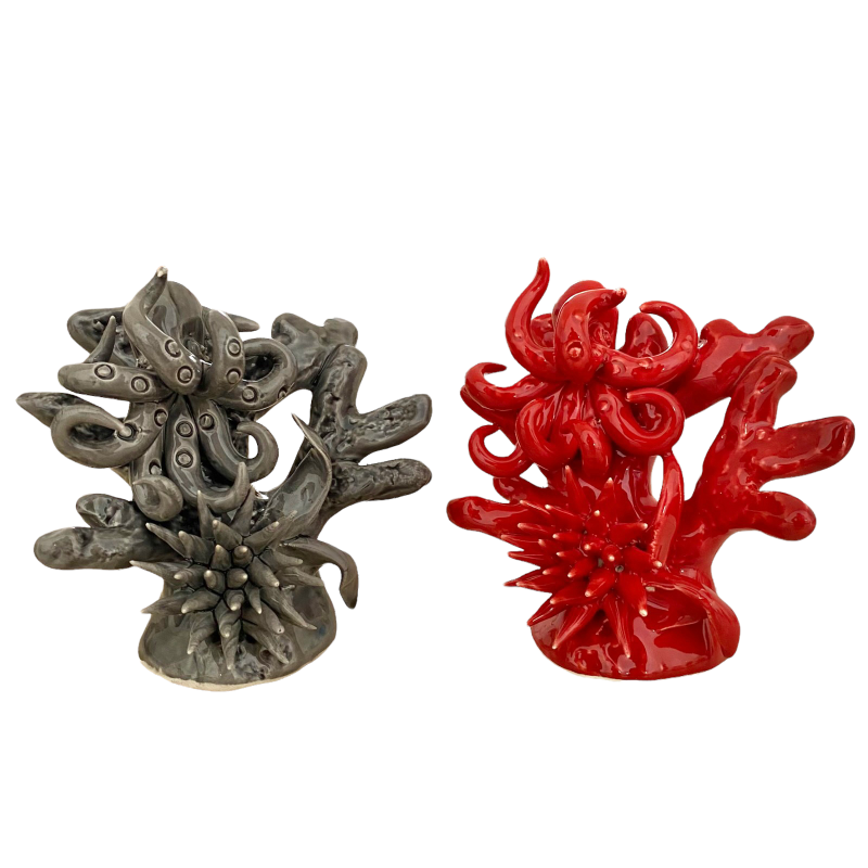 Marine composition with coral, sea urchin, octopus, h 15 x 9 x 14 cm approx. (1pc) - 