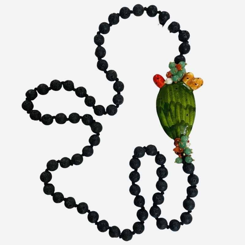 Halskette mit Lavasteinkugeln und Kaktusfeigenschaufel aus feiner Caltagirone-Keramik - 