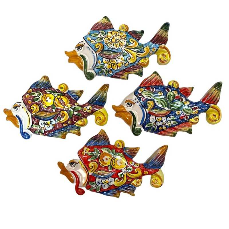 Peixes de cerâmica Caltagirone decorados à mão - Tamanho grande 21x15 cm - um tema na cor de sua escolha - 