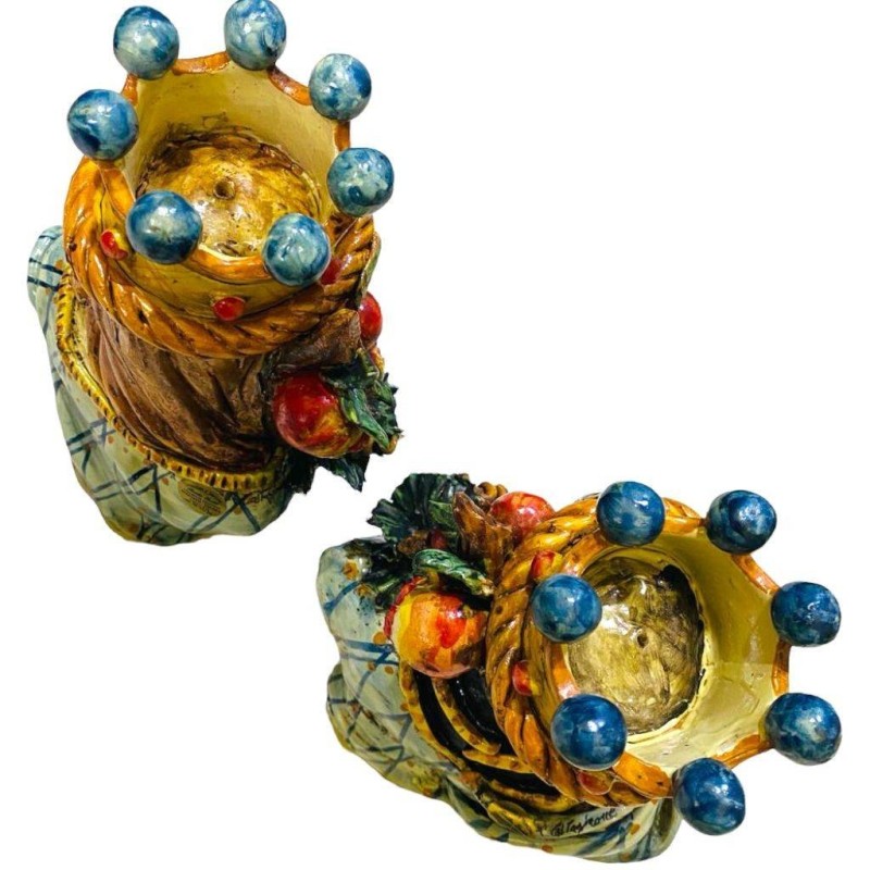 Pair of Caltagirone Busts with Crown, Grapes and Pomegranates, light blue colour, antique opaque enamel - Height about 2