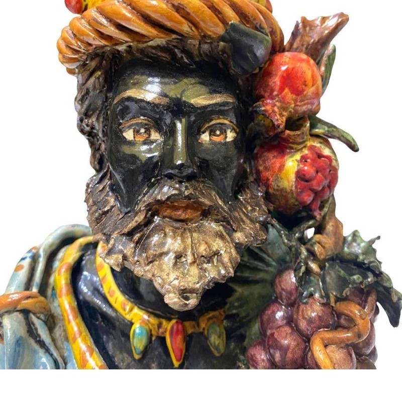 Pair of Caltagirone Busts with Crown, Grapes and Pomegranates, light blue colour, antique opaque enamel - Height about 2