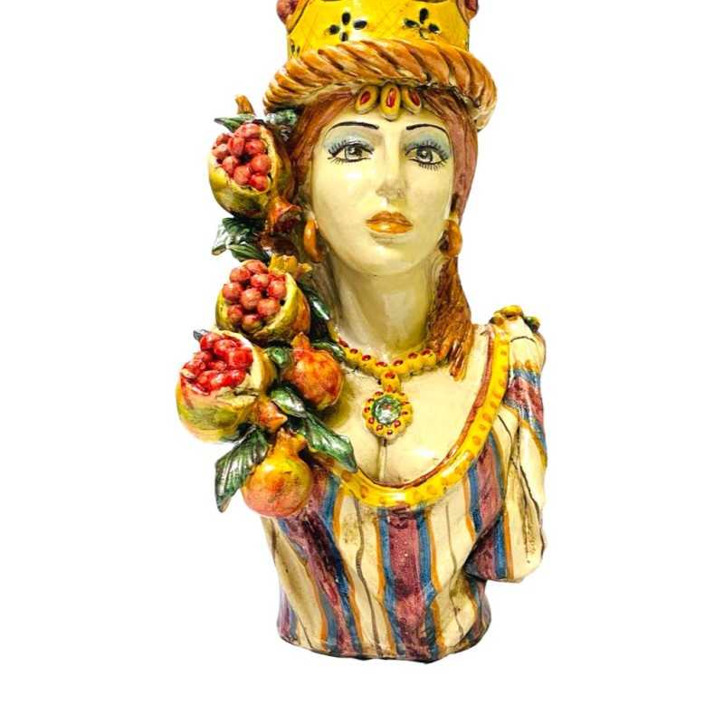 Busto Donna Caltagirone con Corona e Melograni, augurio di abbondanza e prosperità - smalto opaco antico - h 35 cm - 
