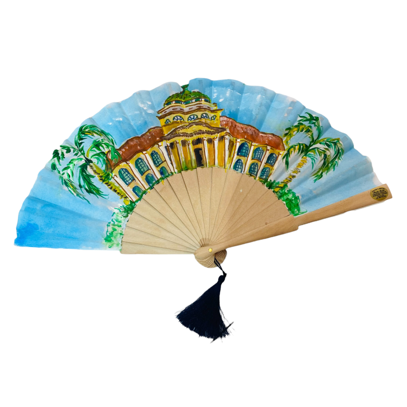 Fan in pure cotton and hand painted wood with subject TEATRO MASSIMO - 