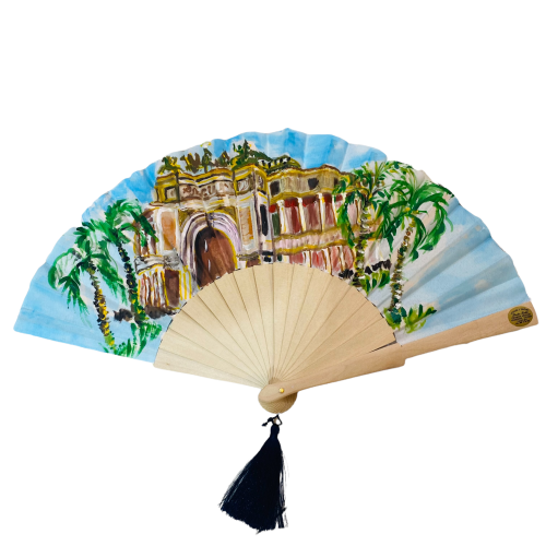 Ventaglio in puro cotone e legno dipinto a mano, h 23 cm ca. con soggetto TEATRO POLITEAMA - 