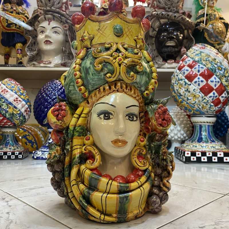 Giano Bifronte, jarrón de doble cara con cabeza de moro y mujer en cerámica de Caltagirone - h 35 cm aprox. - 