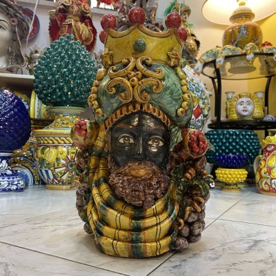 Giano Bifronte, jarrón de doble cara con cabeza de moro y mujer en cerámica de Caltagirone - h 35 cm aprox. - 