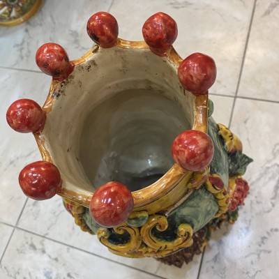 Giano Bifronte, vaso dupla face marrom escuro e cabeça de mulher em cerâmica Caltagirone - altura 35 cm - 