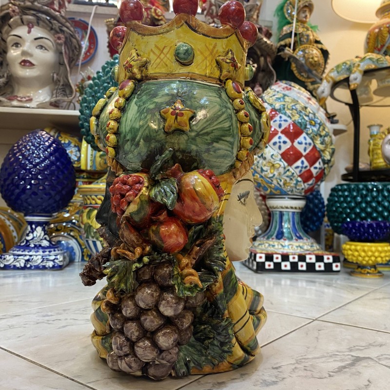 Giano Bifronte, jarrón de doble cara con cabeza de moro y mujer en cerámica de Caltagirone - h 35 cm aprox. - 