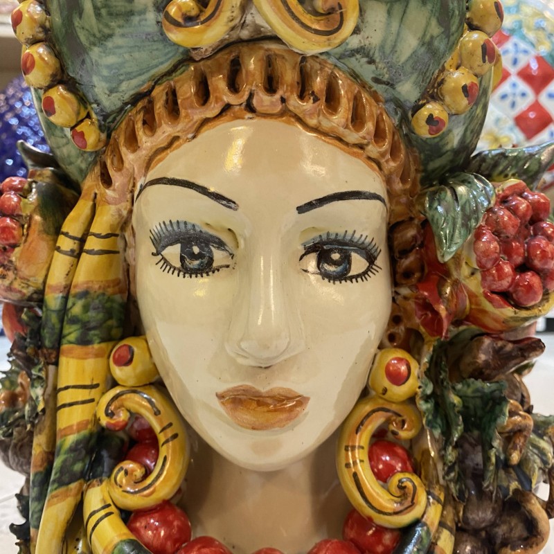 Giano Bifronte, jarrón de doble cara con cabeza de moro y mujer en cerámica de Caltagirone - h 35 cm aprox. - 