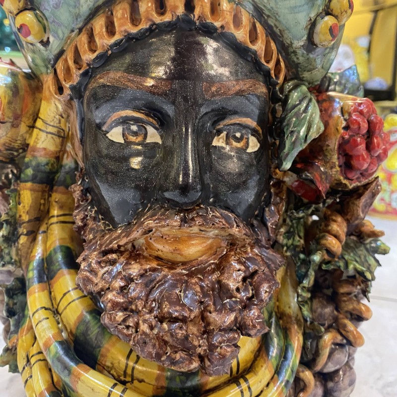 Giano Bifronte, vaso dupla face marrom escuro e cabeça de mulher em cerâmica Caltagirone - altura 35 cm - 