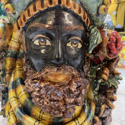 Giano Bifronte, vaso dupla face marrom escuro e cabeça de mulher em cerâmica Caltagirone - altura 35 cm - 