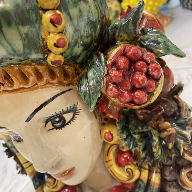Giano Bifronte, jarrón de doble cara con cabeza de moro y mujer en cerámica de Caltagirone - h 35 cm aprox. - 