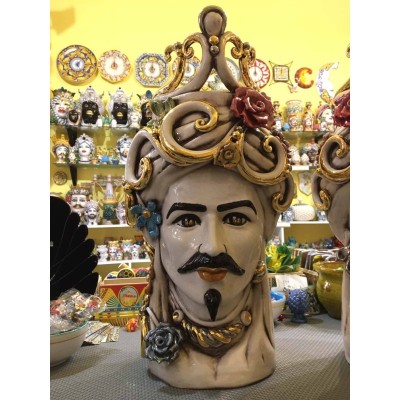 Paar Moorköpfe aus Caltagirone mit Blumenapplikationen – Gold, Platin und Perlmutt, Höhe 50 cm - 