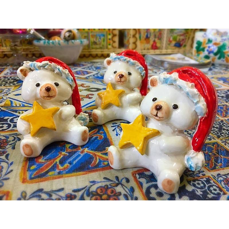 Ours en peluche de Noël en céramique fine sicilienne décoré à la main - Dimensions 5x5 cm - 
