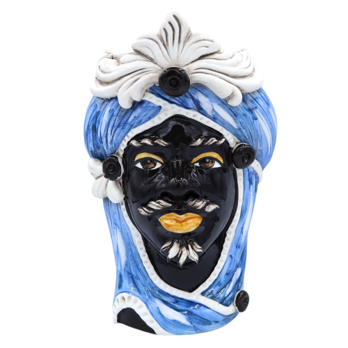 Tête de Maure de Caltagirone avec frise, fond bleu, h environ 28 cm - Mod RP