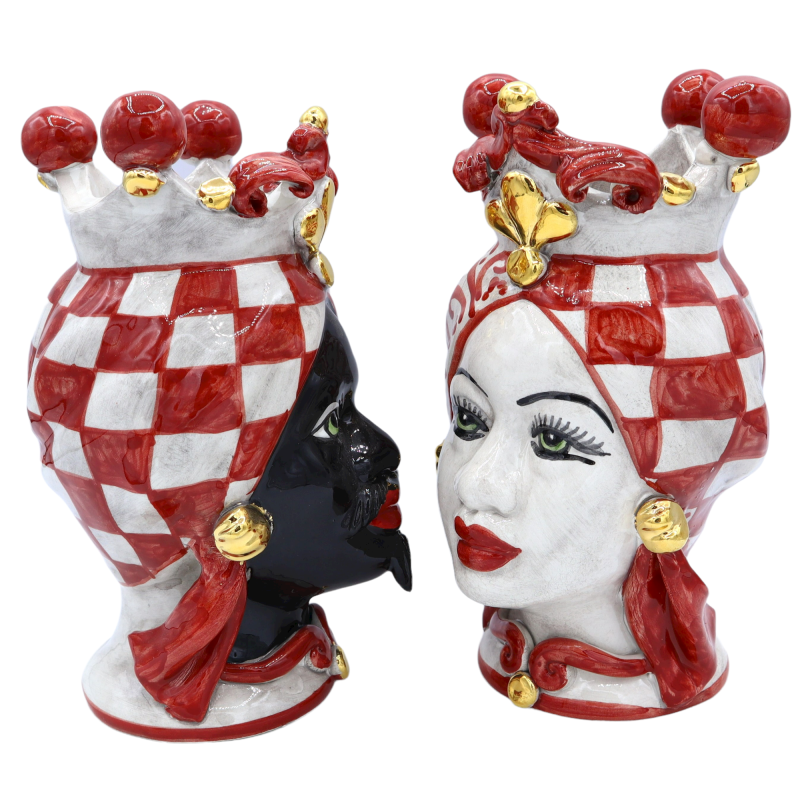 Teste di Moro Siciliane (coppia) h 22 cm ca. Caltagirone, Rosso - Applicazioni in oro zecchino 24k - 