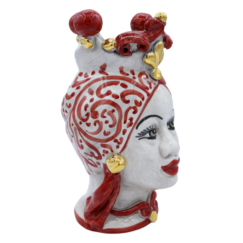 Teste di Moro Siciliane (coppia) h 22 cm ca. Caltagirone, Rosso - Applicazioni in oro zecchino 24k - 