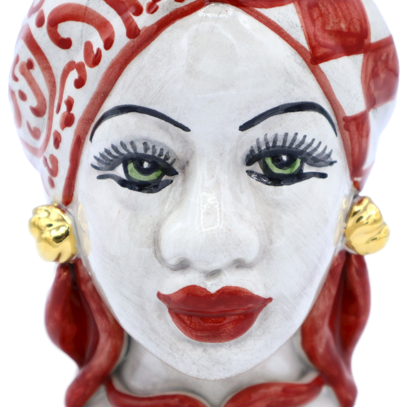 Teste di Moro Siciliane (coppia) h 22 cm ca. Caltagirone, Rosso - Applicazioni in oro zecchino 24k - 