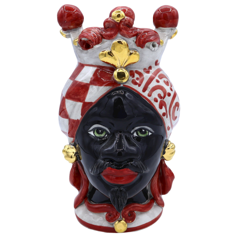 Teste di Moro Siciliane (coppia) h 22 cm ca. Caltagirone, Rosso - Applicazioni in oro zecchino 24k - 