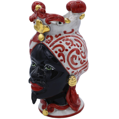 Teste di Moro Siciliane (coppia) h 22 cm ca. Caltagirone, Rosso - Applicazioni in oro zecchino 24k - 
