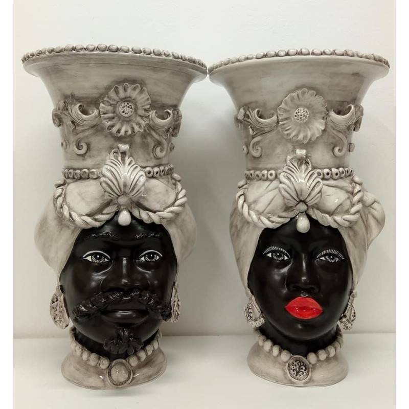 Pair of Heads of Moro Vasi Bearings Caltagirone NERO OPACO serie ELITE höjd 50 cm - 