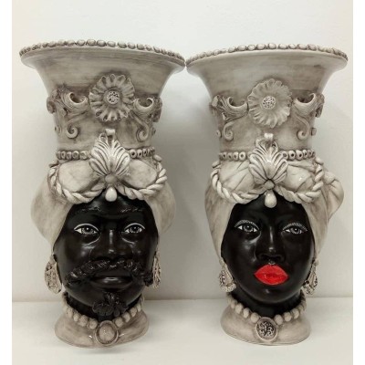 Par de jarrones paraguas con cabezas de moro Caltagirone serie ELITE NEGRO MATE altura 50 cm - 