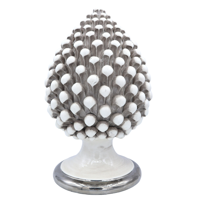 Antique White Sicilian Pine Cone with base in Caltagirone ceramic Platinum various sizes Mod. INT - 