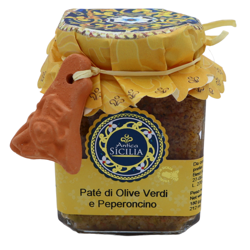 Paté siciliano de aceitunas verdes y guindillas, en varios formatos - 