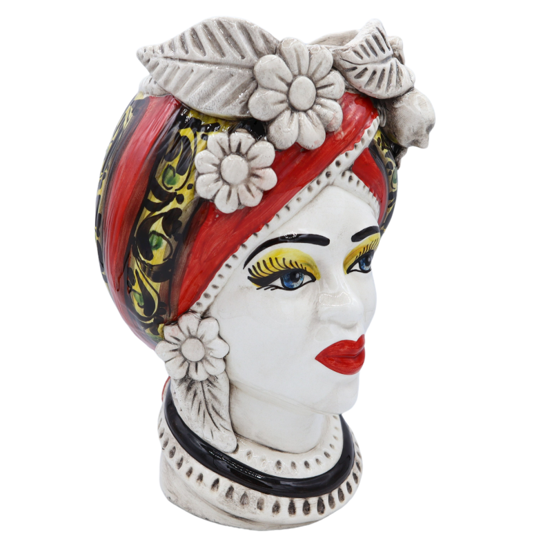 Hoofd van Moro Caltagirone Flowers en Fruit, Red Bottom en Yellow decor '600, Height 28cm ca Mod - 
