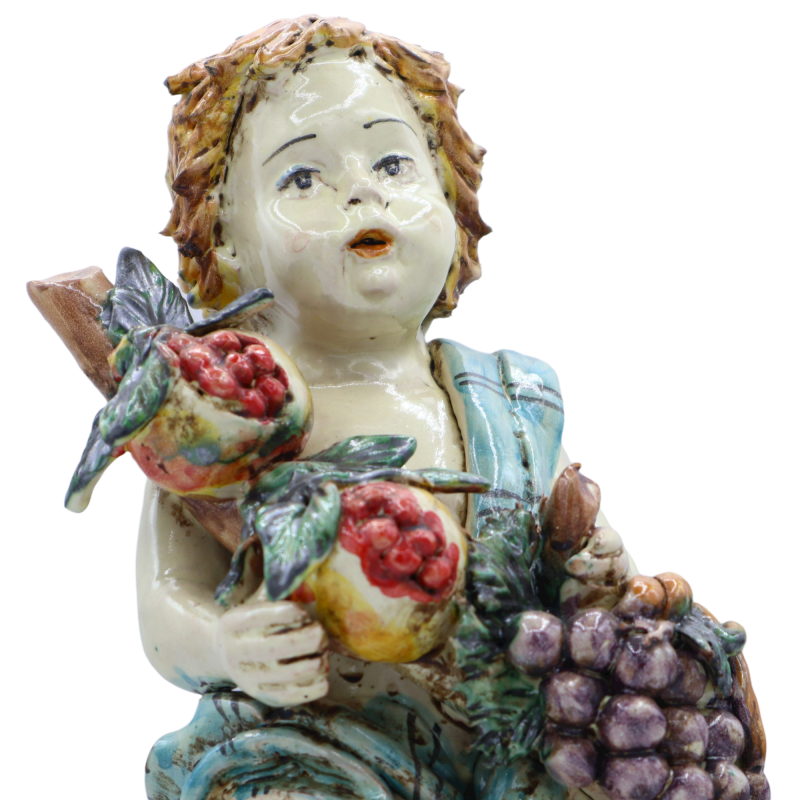 Putto con Uva e Melograno su base Barocca, emalj matt antico - Caltagirone - Höjd 33cm ca. Mod SCR - 