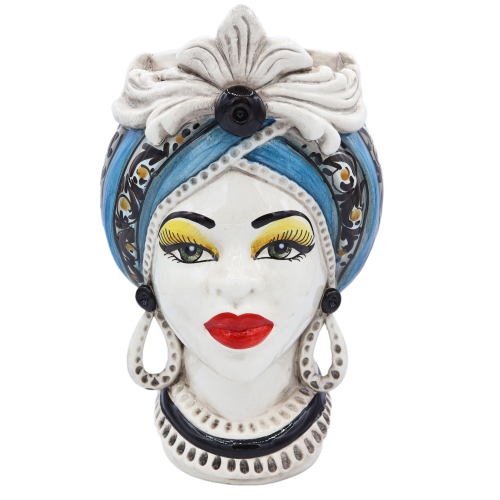 Hoofd van Moro Caltagirone Fondo Blu Antico - Decoro '600 - Height Approx 28cm Mod