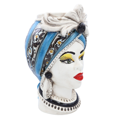 Tête de Maure Caltagirone Fond Bleu Antique - Décoration XVIIème siècle - h env. 28 cm - 