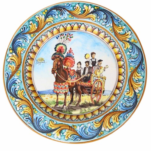 Plate Ornamentale a falda Caltagirone, decoro Carretto Siciliano w stylu barokowym Sicilian, Diameter approx. 55cm Mod. 