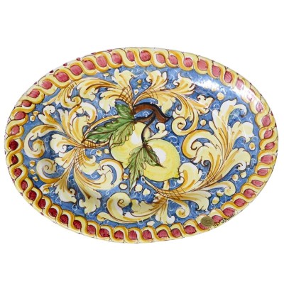 Vassoio Ovale Caltagirone, piatto da portata con decoro ornato Barocco e Limoni su fondo blu, 41cmx29cmx5cm Mod. BR. - 