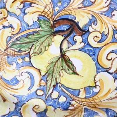 Caltagirone Oval Tray, serving plate with ornate Baroque decoration and Lemons on a blue background, 41cmx29cmx5cm Mod. 