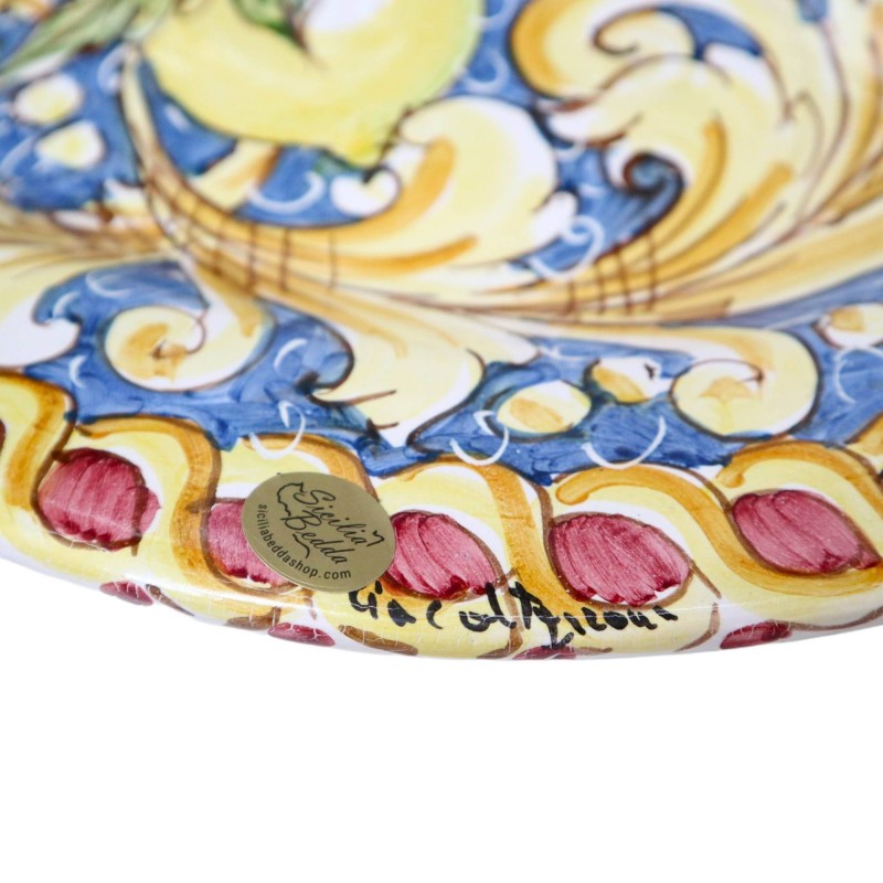 Oval Tray Caltagirone, platta med utsmyckad dekoration barock och citroner på blå bakgrund, 41cmx29cmx5cm Mod. BR. - 
