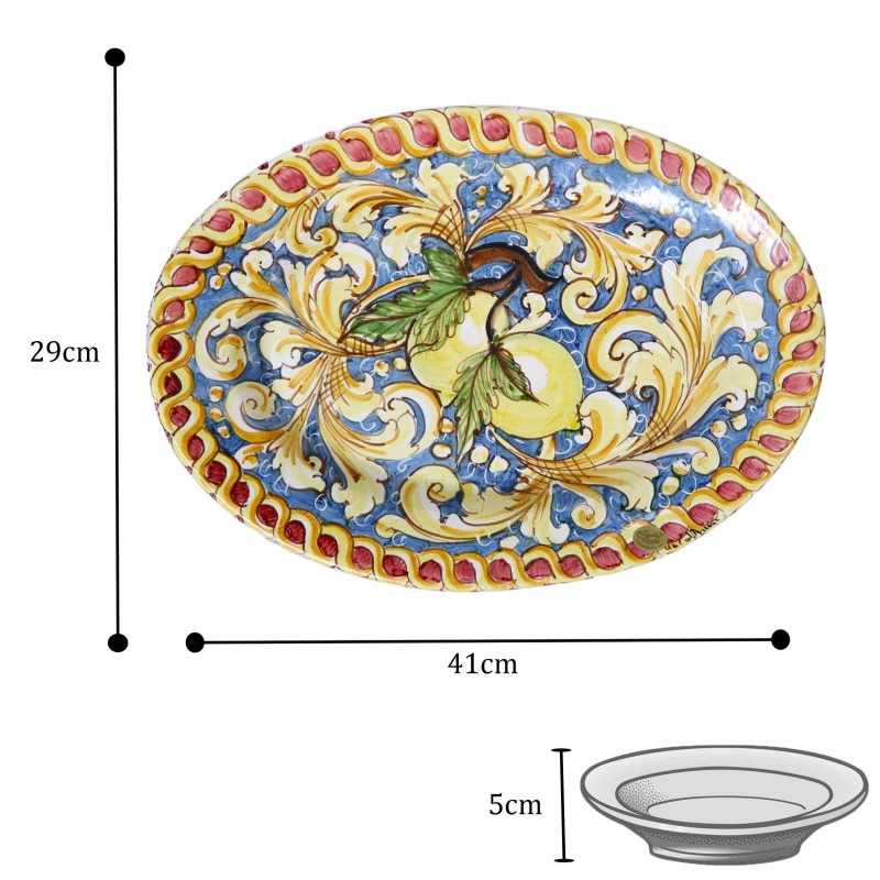 Vassoio Ovale Caltagirone, piatto da portata con decoro ornato Barocco e Limoni su fondo blu, 41cmx29cmx5cm Mod. BR. - 