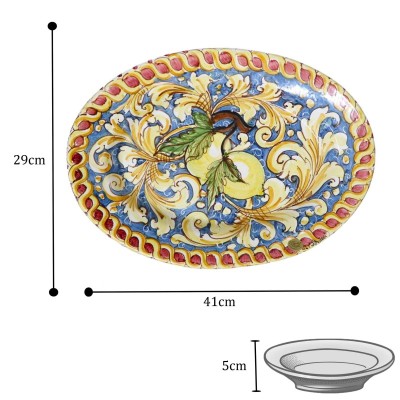 Vassoio Ovale Caltagirone, piatto da portata con decoro ornato Barocco e Limoni su fondo blu, 41cmx29cmx5cm Mod. BR. - 