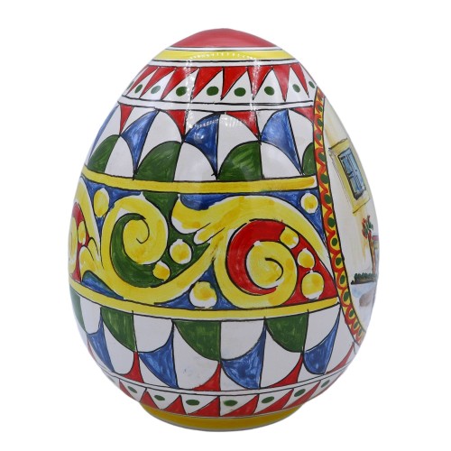 Oeuf en céramique de Caltagirone, décoration de style charrette sicilienne avec fond miniature rouge et jaune, hauteur e 2