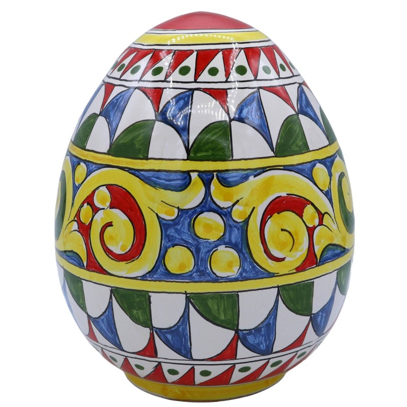 Ceramic ei Caltagirone, decoratie Sicilian Cart stijl met miniatuur, rode en gele achtergrond, lengte 20 cm approx. Mod,
