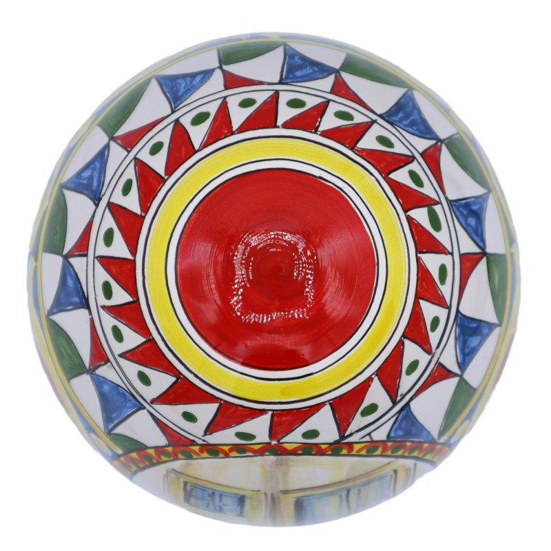 Caltagirone ceramic egg, Sicilian cart style decoration with miniature, red and yellow background, height approx. 20 cm.