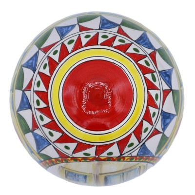 Huevo de cerámica Caltagirone, decoración estilo carro siciliano con miniatura, fondo rojo y amarillo, altura aprox 20 c
