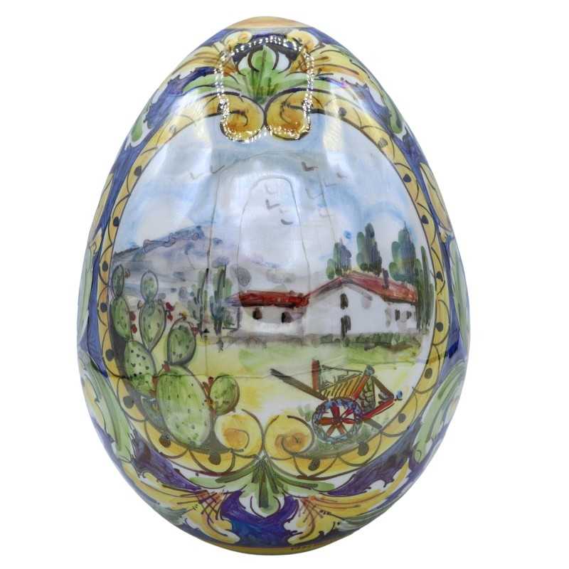 Caltagirone ceramic egg with ornate Sicilian baroque decoration with 2 mirror miniatures, mother-of-pearl enamel h 21 cm