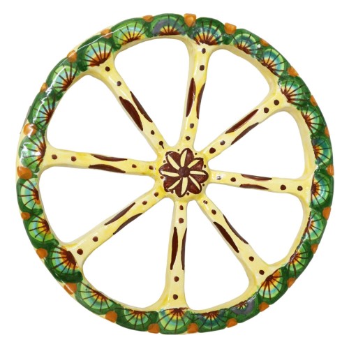 Sicilian Cart Wheel in Caltagirone Ceramic, handmade, green and yellow background, diameter approx. 23cm. Mod BR - 